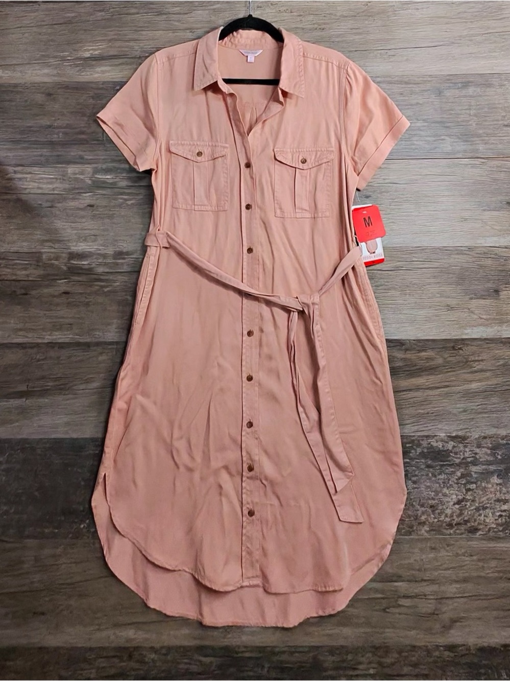 Teddi Rose Peach Short-Sleeve Button-Front Midi Shirt Dress with Self-Tie Belt
